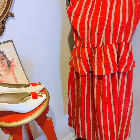 Red Gold Stripe Peplum Vintage Dress Holiday Christmas - Picture 2 of 3